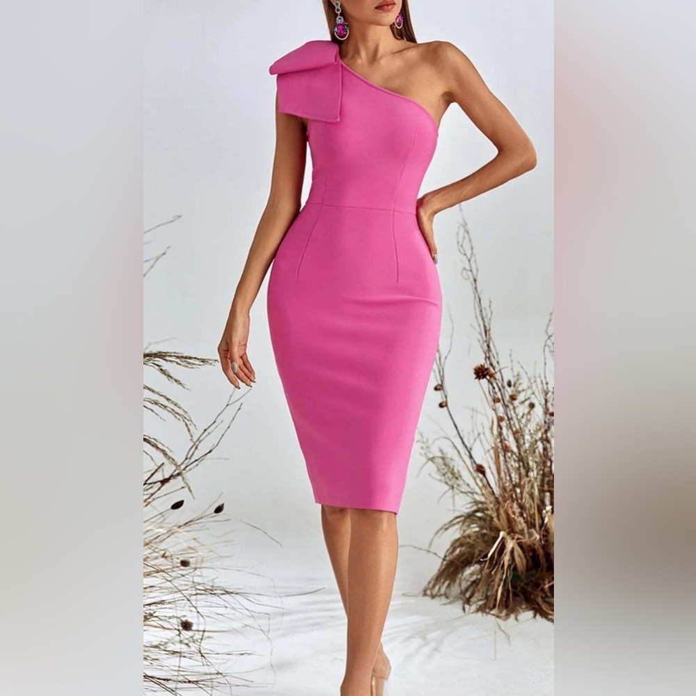 NEW Bella Barnett Pink One Shoulder Midi Cocktail Dress Size L